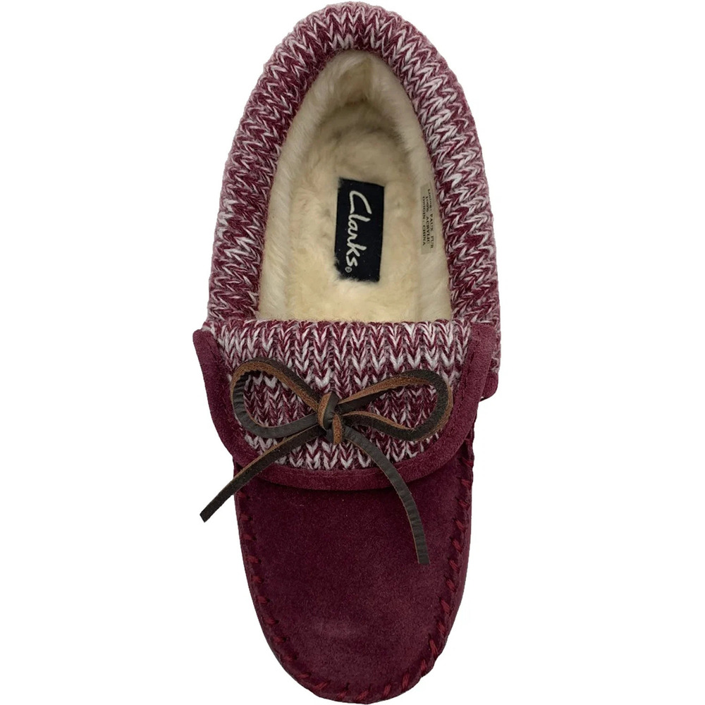 Clarks Suede Moccasin Slippers with Sweater Trim Burgundy - Medium - Picture 2 of 3